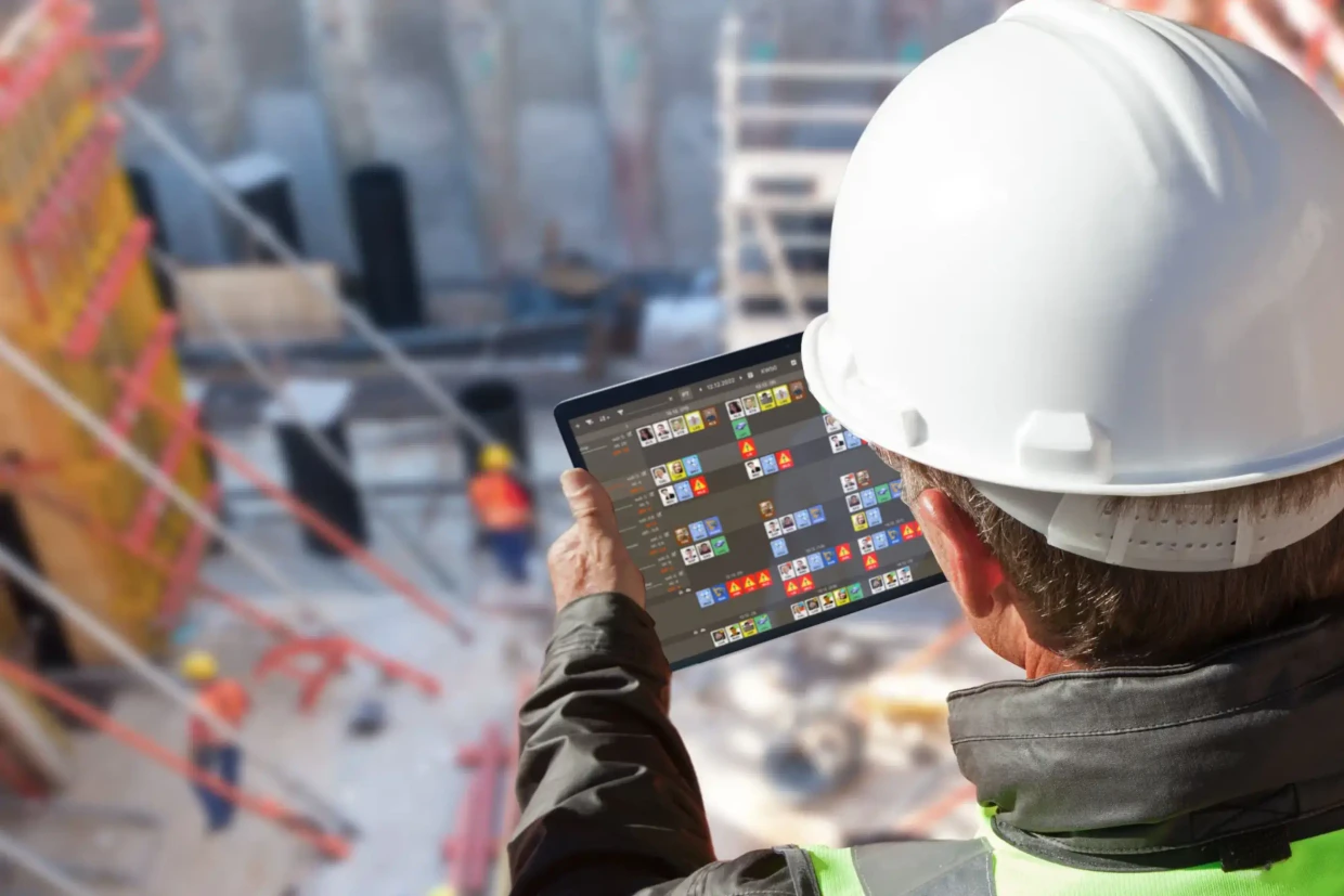 Tablet mit Ressourcenplanung in den Händen einer Person auf einer Baustelle