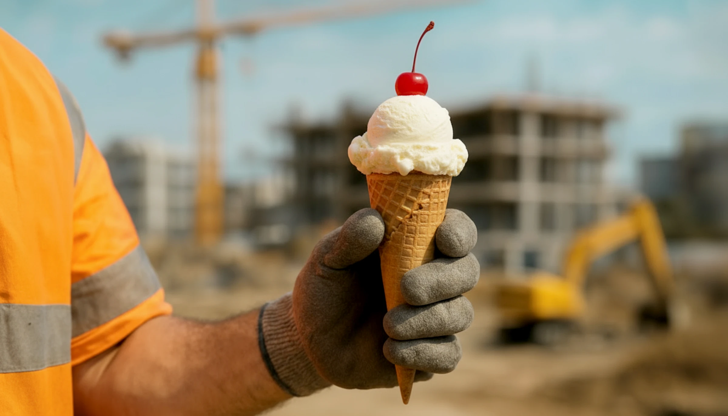 Bauarbeiter mit Eis in der Hand